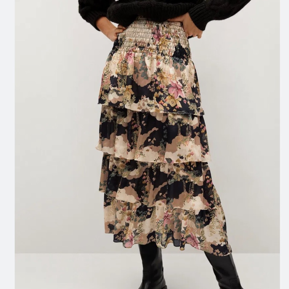 Mango Tiered Floral Maxi Skirt - Black and Pink